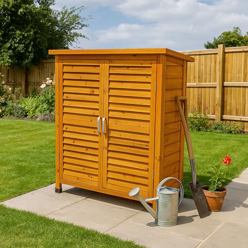 Airwave Wooden Garden Storage Tool Shed | Outdoor Weatherproof Utility Cupboard Cabinet for Tools, Cushions, Toys | Functional Internal Shelves | Louvre Door Design | Fir Wood (95cm High)
