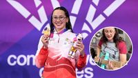 England's Alice Tai celebrates with their gold medal during the Women's 100m Backstroke S9 medal ceremony on day three of the Commonwealth Games in Glasgow, Scotland, on July 26, 2026