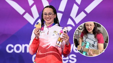 England's Alice Tai celebrates with their gold medal during the Women's 100m Backstroke S9 medal ceremony on day three of the Commonwealth Games in Glasgow, Scotland, on July 26, 2026