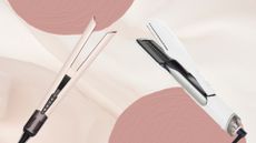 Image of white ghd Duet Style and pink Dyson Airstrait on a pink background with mauve circles 