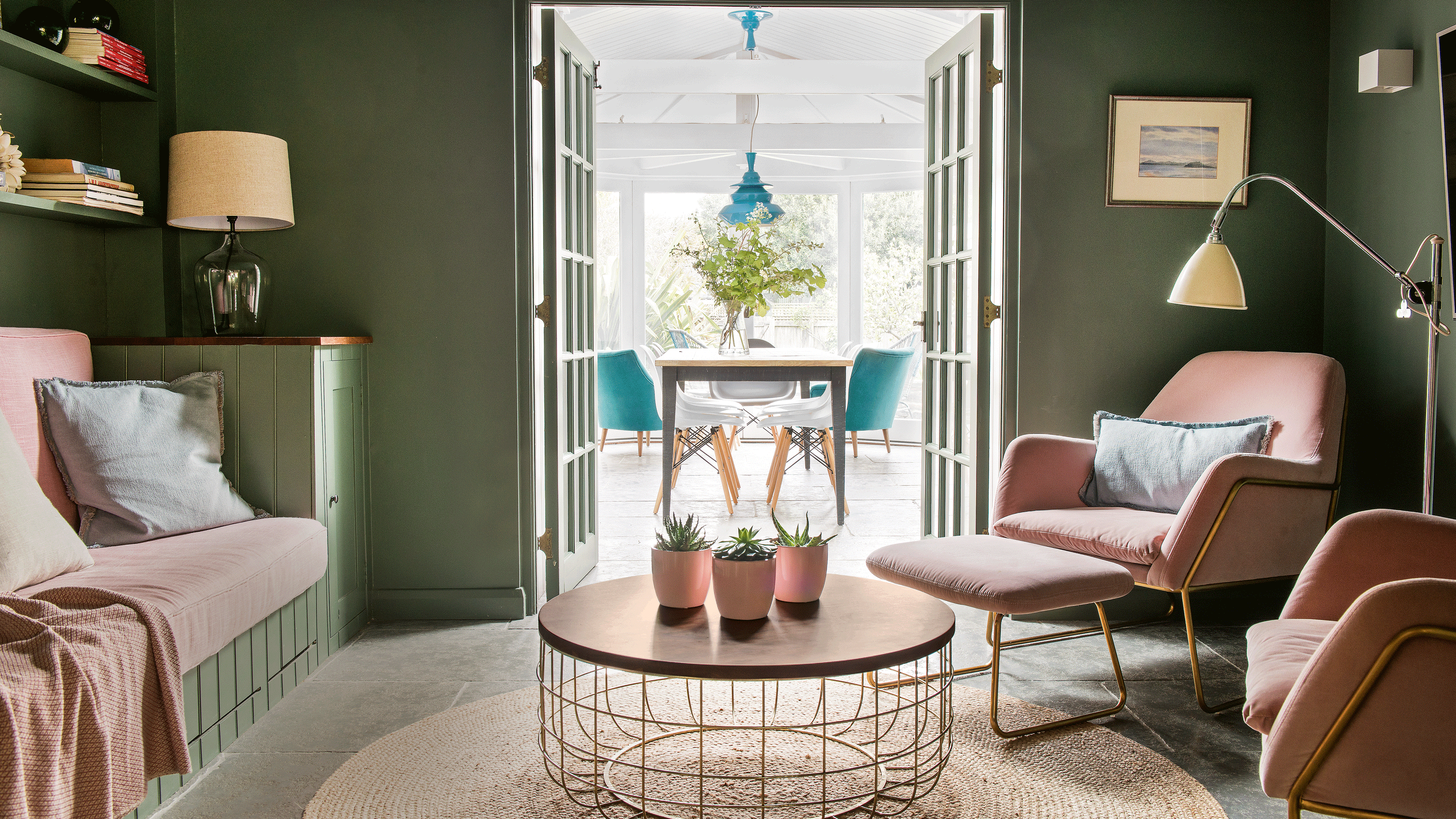 Green living room with wooden coffee table