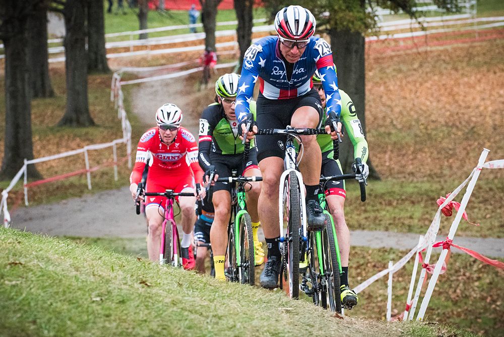 Jeremy Powers leading the men's field at the end of the first lap