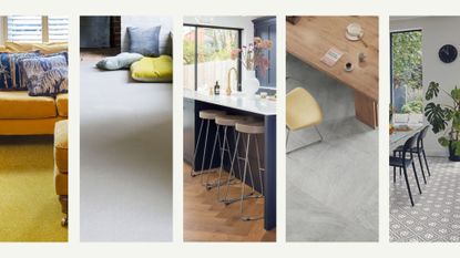 Compilation image showing five different floors with yellow carpet, textured neutral, Herringbone wood and stone tiles to highlight key flooring trends 2023