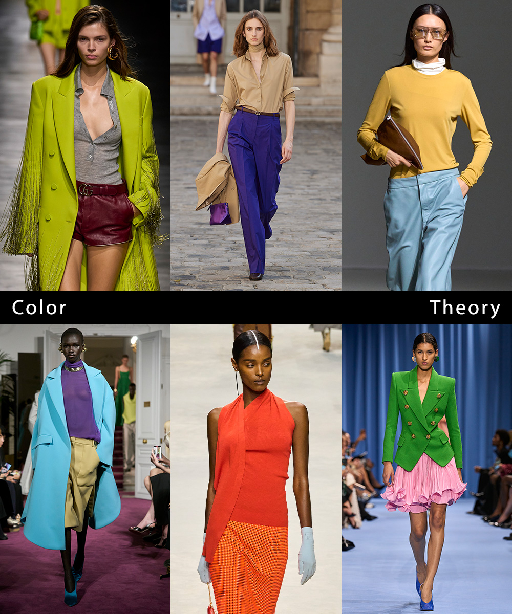a collage of runway images featuring the maximalist spring trend: color blocking