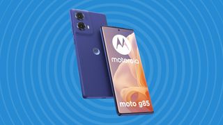 The Moto G85 on a blue background.