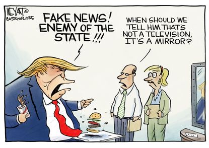 Political cartoon U.S. Trump media fake news enemy of the state