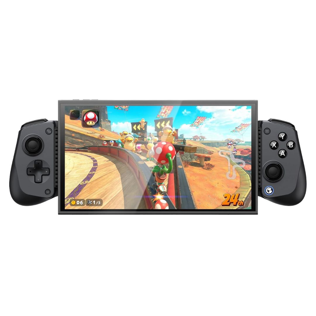 The GameSir X5s mobile controller on a plain background, holding a Switch 2 playing Mario Kart