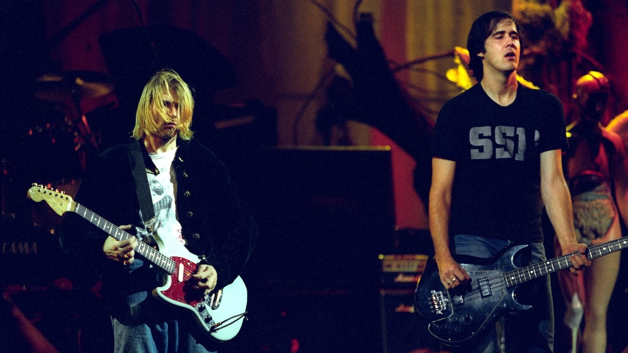Kurt Cobain (left) and Krist Novoselic of Nirvana perform onstage