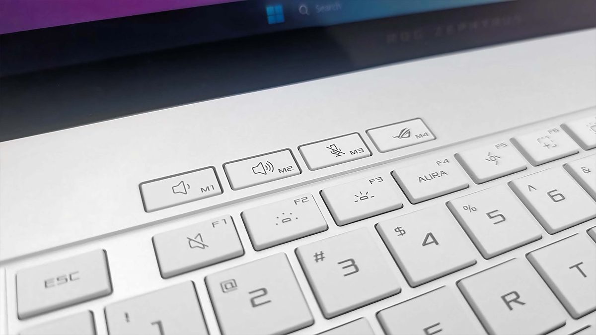 Closeup of the M buttons above the keyboard on the ASUS ROG Zephyrus G16 (GU605C, 2025).