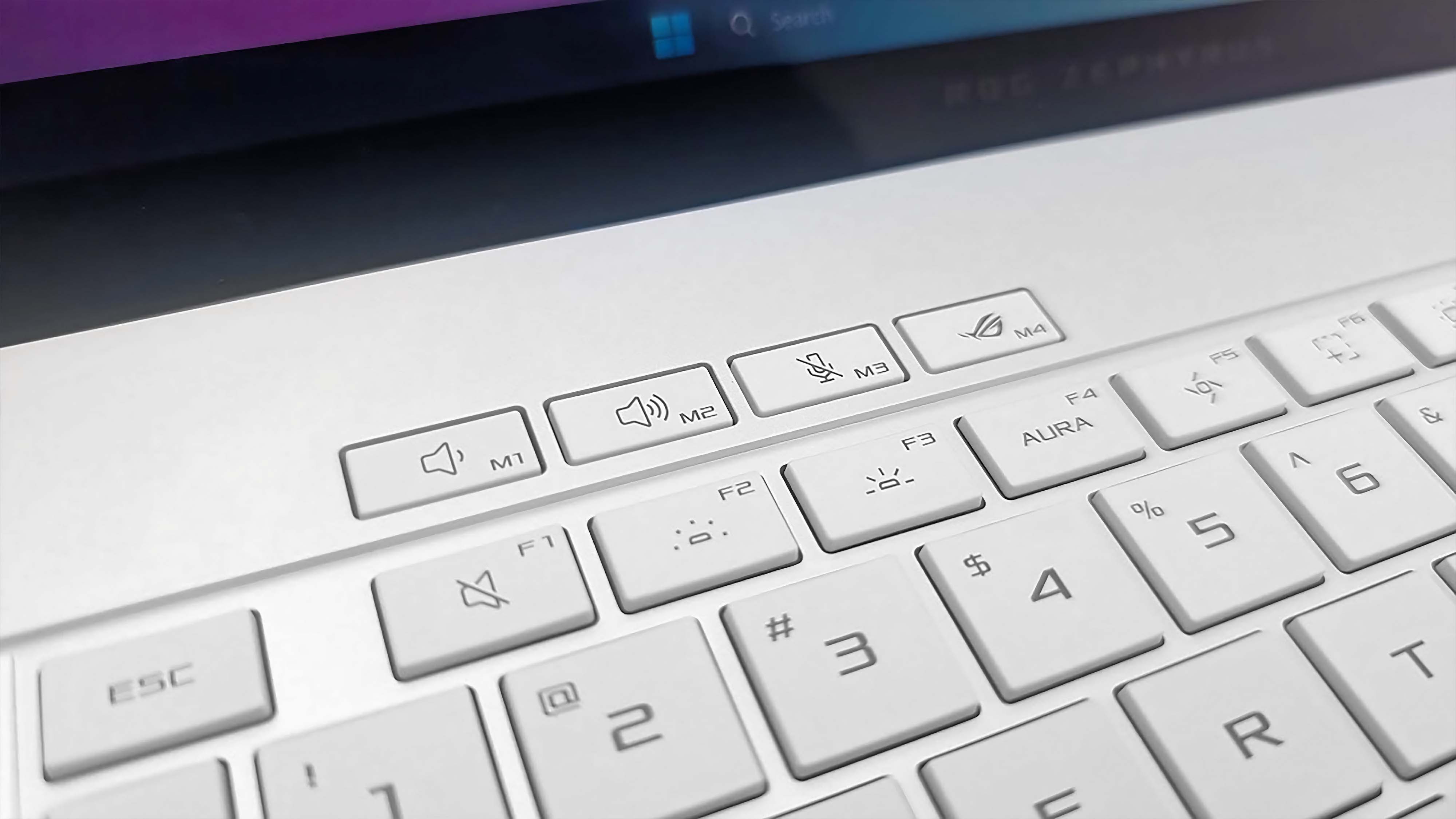 Closeup of the M buttons above the keyboard on the ASUS ROG Zephyrus G16 (GU605C, 2025).
