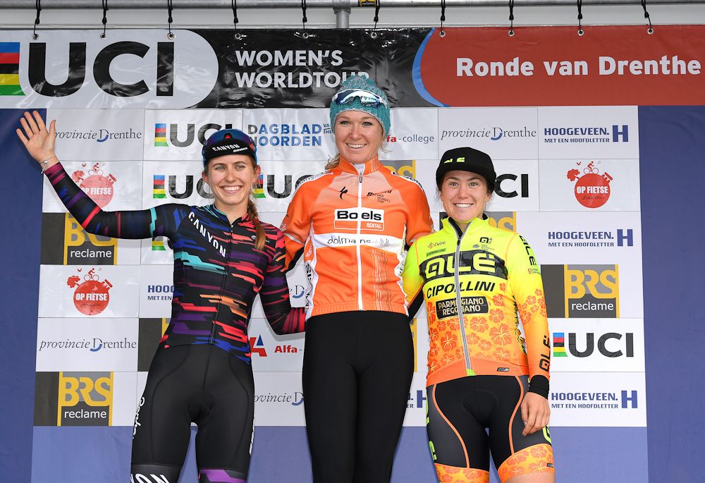 Aleix Ryan, Amy Pieters and Chloe Hosking on the Ronde van Drenthe podium