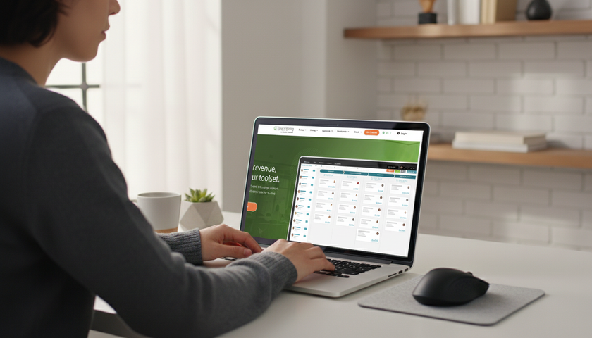 SharpSpring CRM being used on a laptop in a modern office