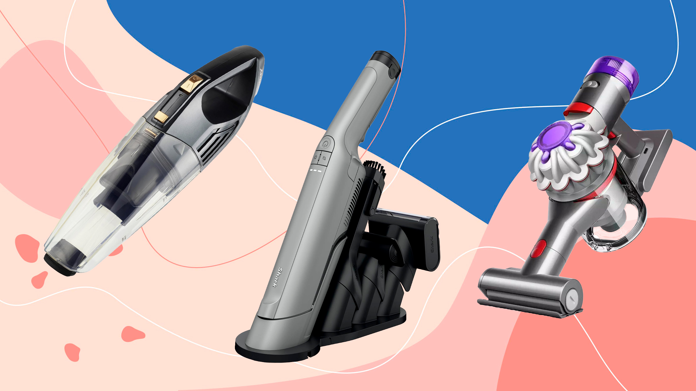 Beldray, Shark and Dyson handheld vacuums on a pink and blue background
