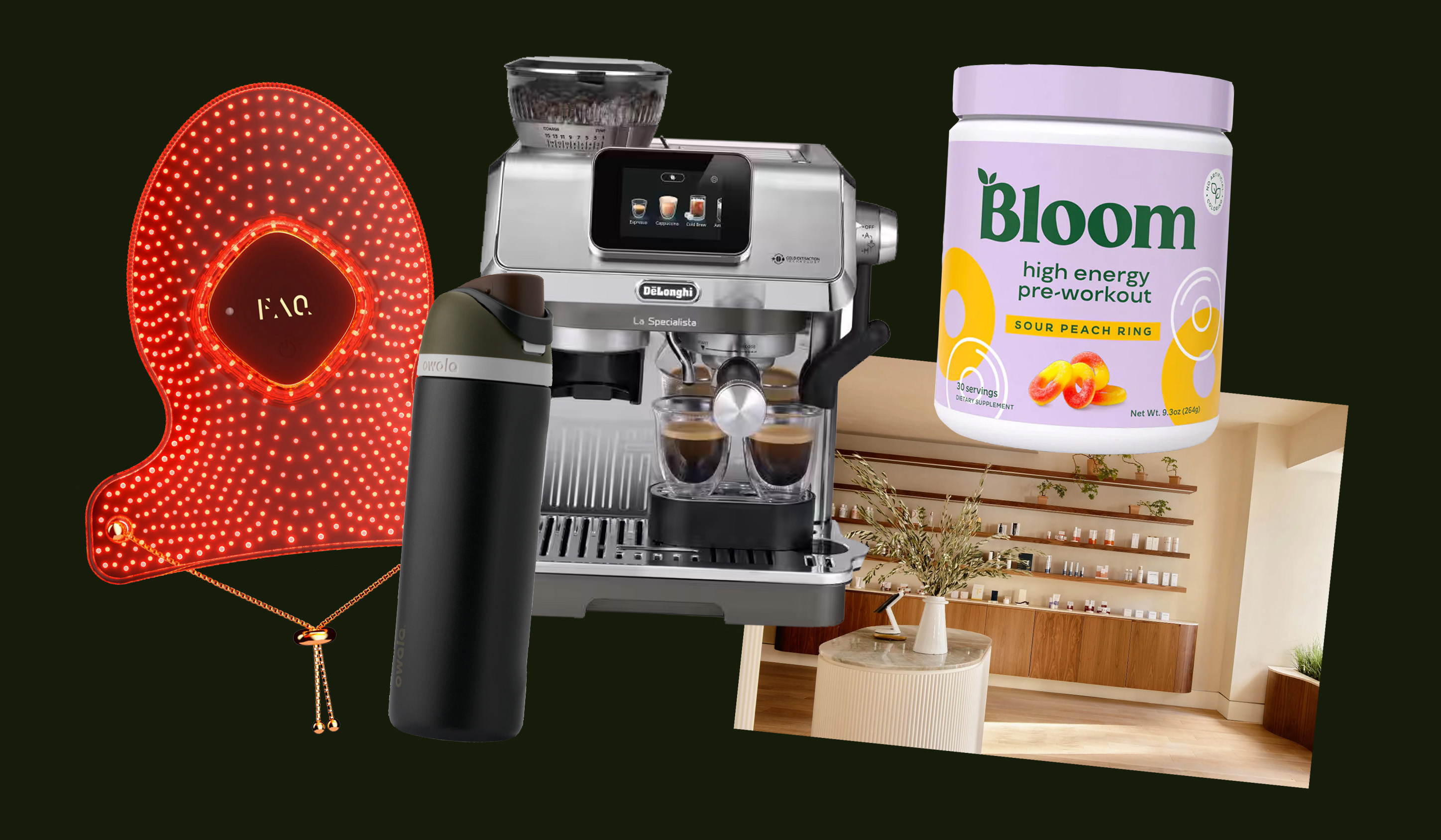 collage of red light product, water bottle, coffee maker, pre-workout powder, and salon