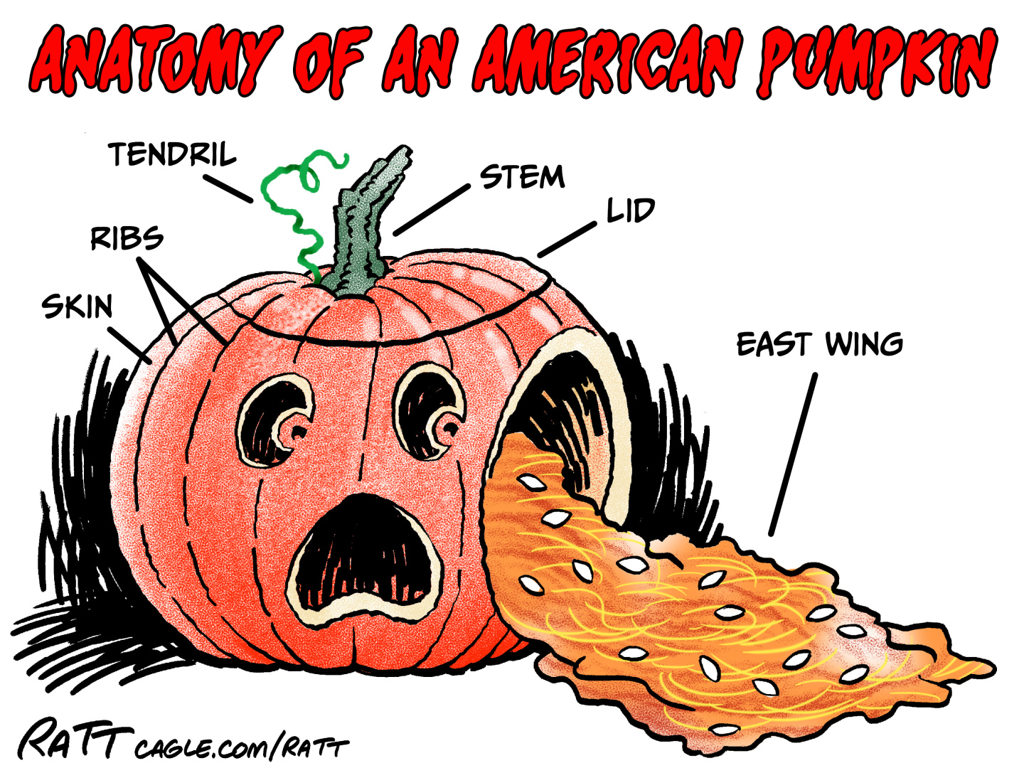 This cartoon is titled “Anatomy of an American Pumpkin.” It depicts a jack–o-lantern with a surprised look carved into its face. The right side of the pumpkin has been cleaved off and pumpkin gunk oozes out the side. Lines point to different parts of the pumpkin and read “skin,” “ribs,” “tendril,” and “lib.” The gunk oozing out of the pumpkin is labeled “East Wing.”