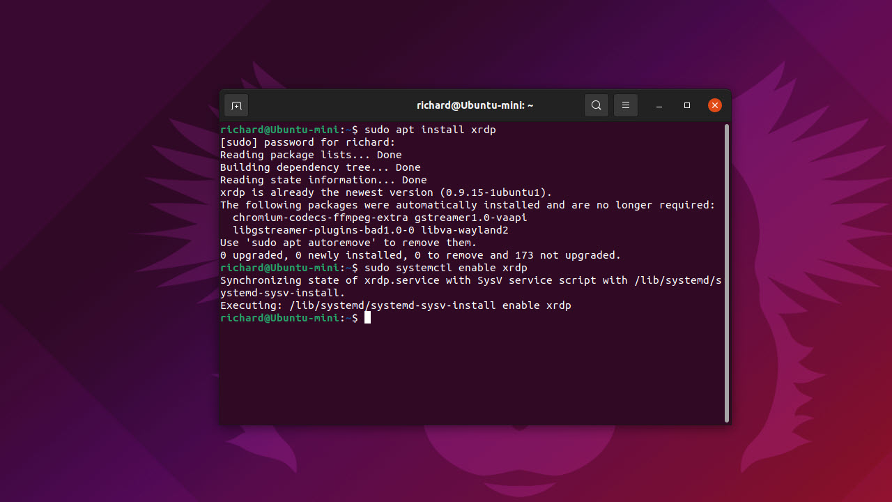 Screenshot of the commands to install xRDP on Ubuntu