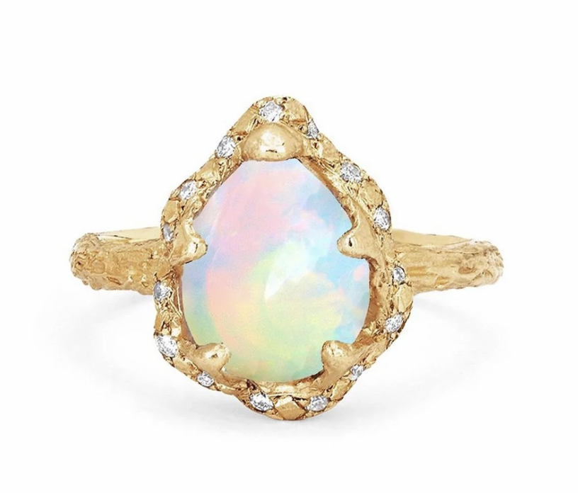 Baby Queen Water Drop White Opal Ring with Sprinkled Diamonds