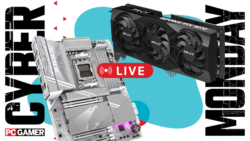 A motherboard and GPU on a blue Cyber Monday background.