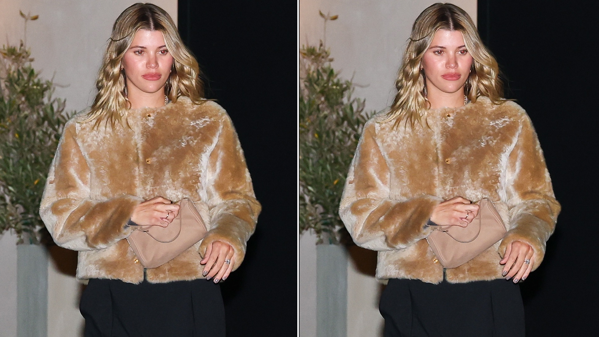 Sofia Richie Grange wore the "wrong shoe" theory with trousers, a fur jacket, and flip-flops for date night