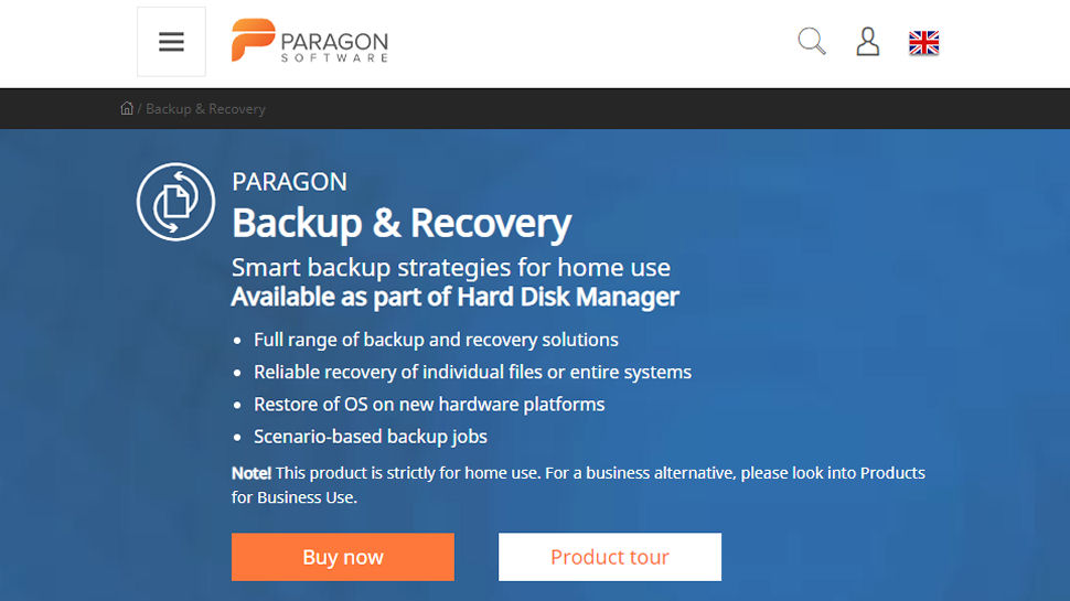 Tangkapan layar situs web Paragon Backup & Recovery