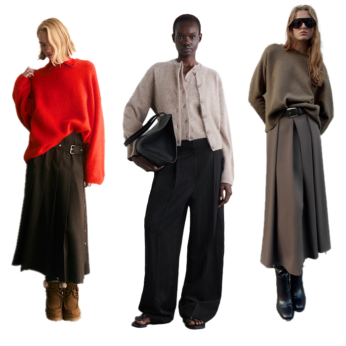 model wears red sweater and gray pleated skirt, model wears tan shell and cardigan over black pants, and