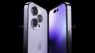 iphone 14 pro render shows back (left) and front (right) with new punch hole and pill-shaped cutout