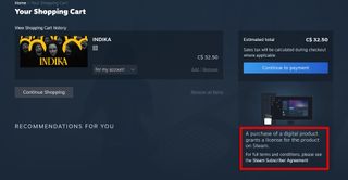 Steam checkout page showing new "purchase of a digital product grants a license for the product on Steam" message.