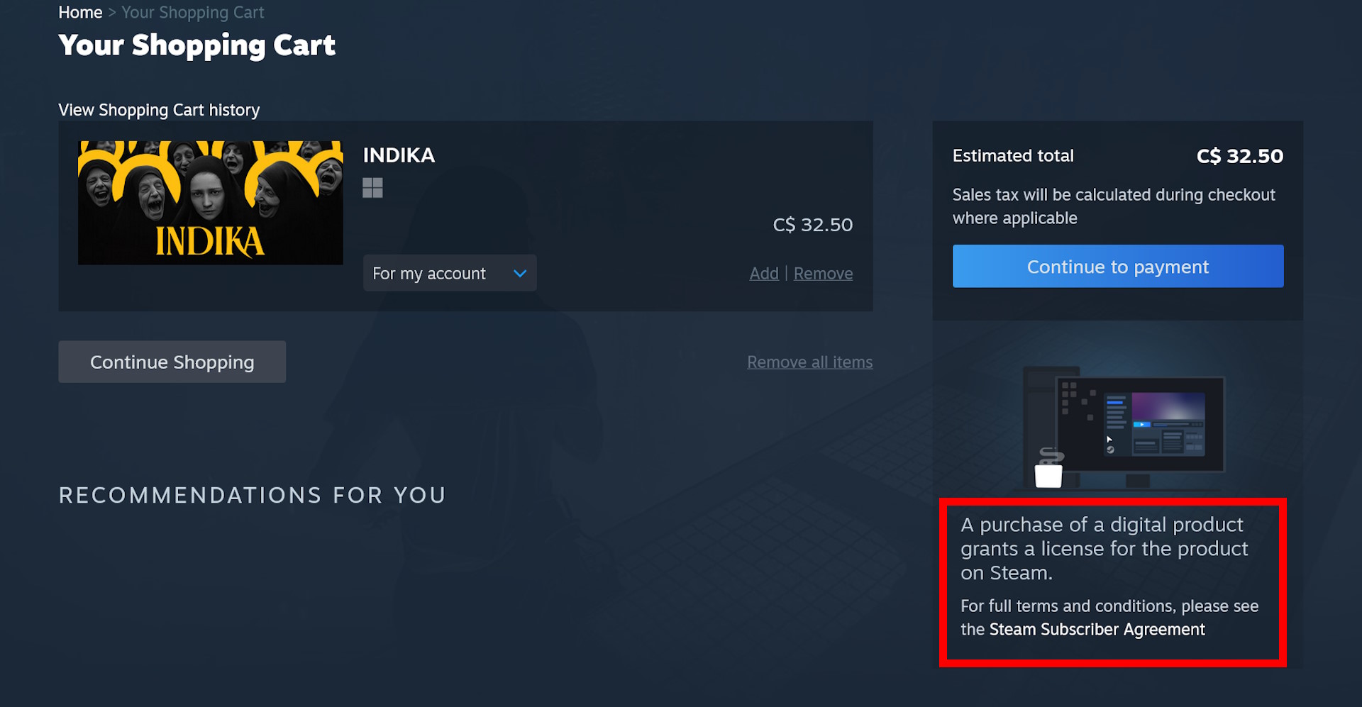 Steam checkout page showing new 