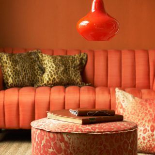 living room with red wall red sofa with leopard print cushion orange lamp and books