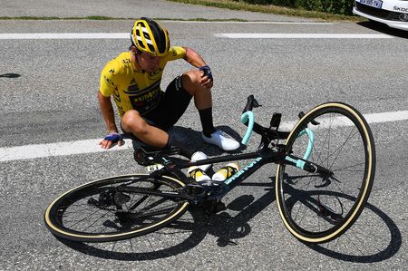 Primoz Roglic gets up after his crash