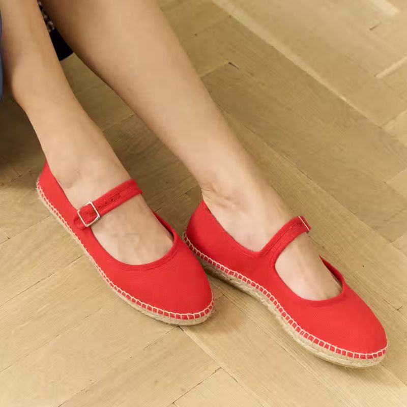 Cotton Canvas Mary Janes in red on model 
