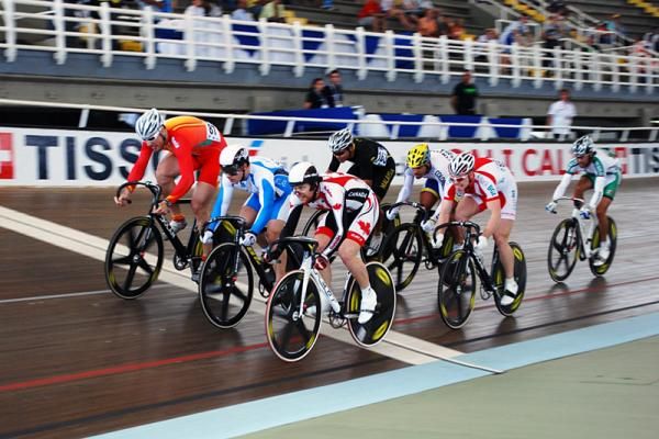 Action in the first round's first heat of the men's keirin.