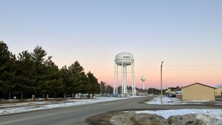 A picture of a water tower in Babbitt, Minnesota, close to the helium drilling site.