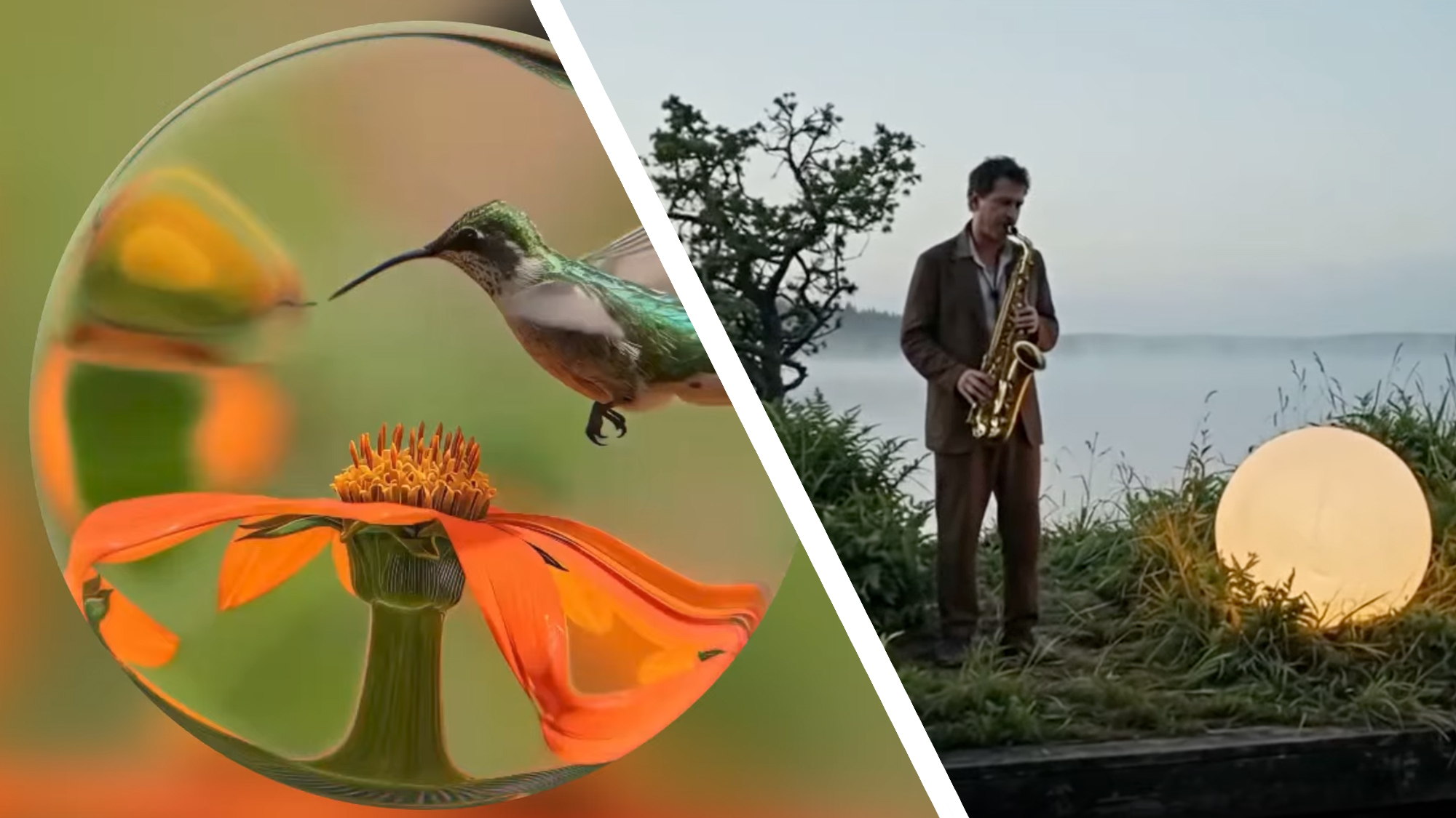 A hummingbird inside a bubble next to a man playing saxophone next to a light in front of the sea