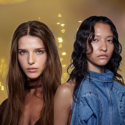 two women with glowing skin on a gold background