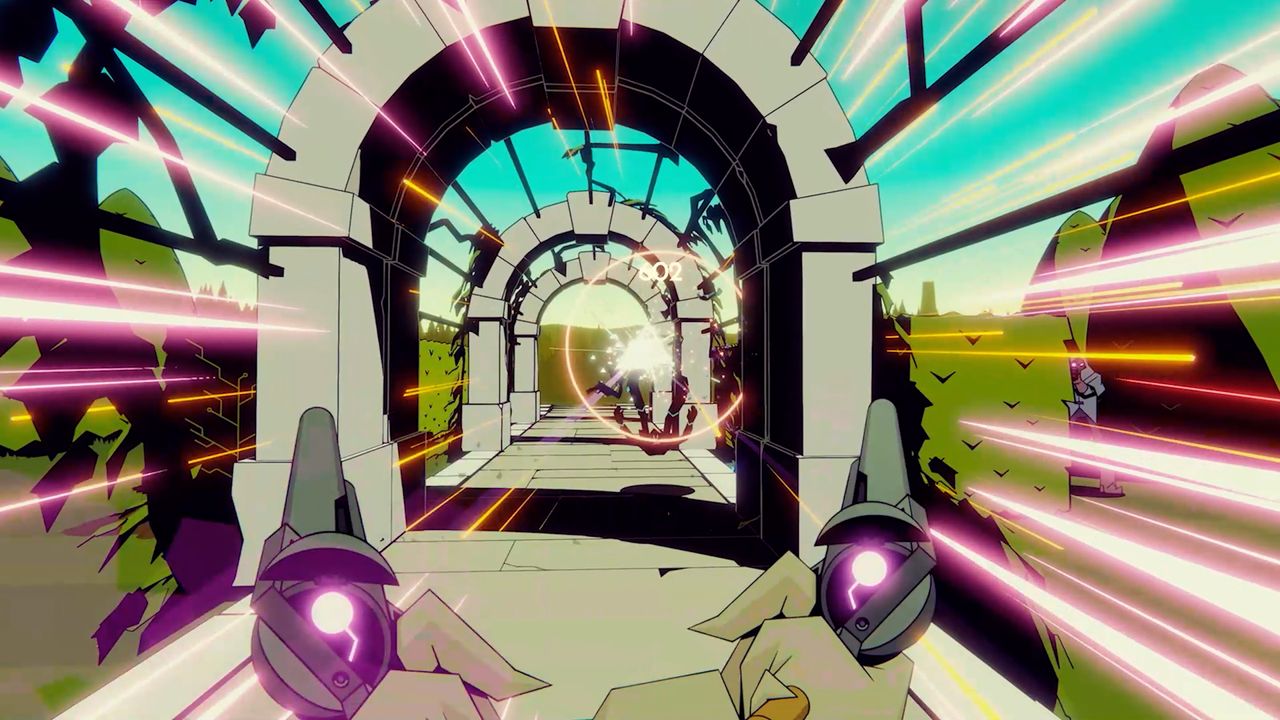 Wild Bastards screenshot showing player holding two guns activating special move under stone archways