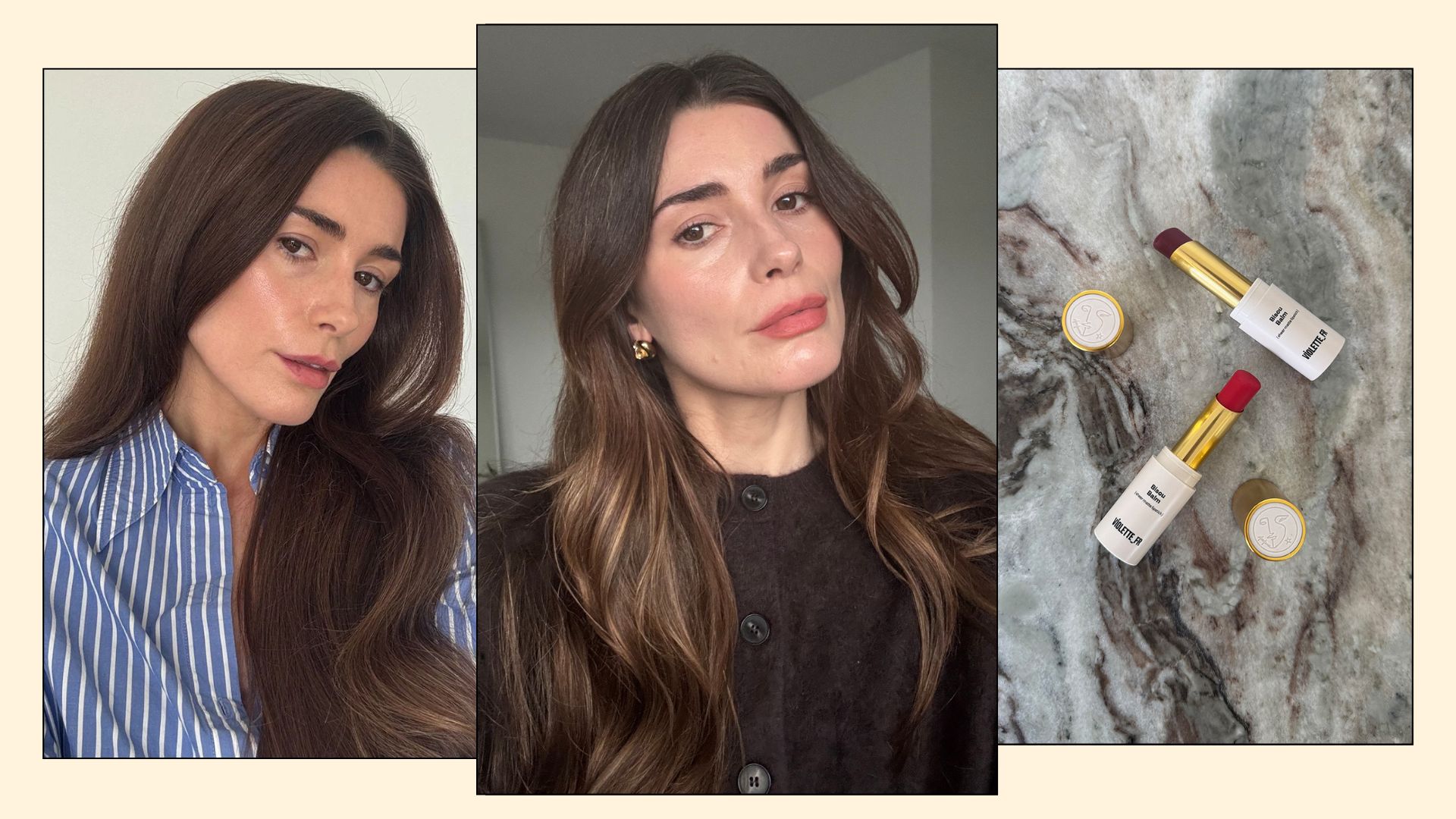 A collage with photos of Bisou Balm lip balms and beauty editor Eleanor wearing it on her lips