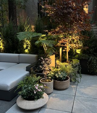 New York City terrace garden with several planters and a gray outdoor seating area