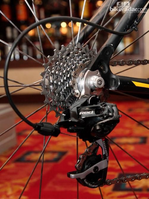 As is typical for 'cross racers, Amy Dombroski (Telenet-Fidea) is using SRAM's more open PG-1070 cassette instead of the standard Red version.