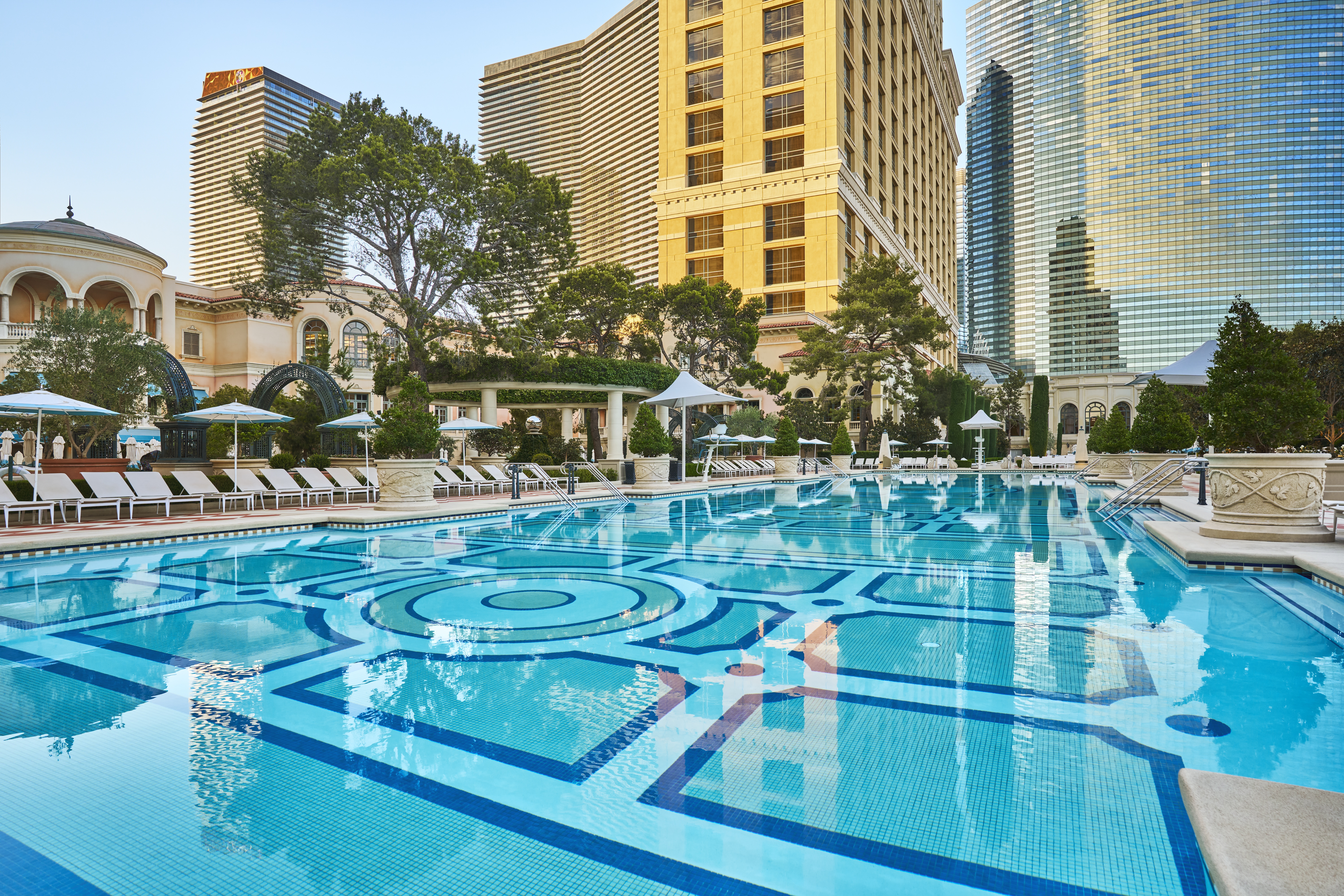One of the Bellagio pools with Las Vegas Strip hotels in the background