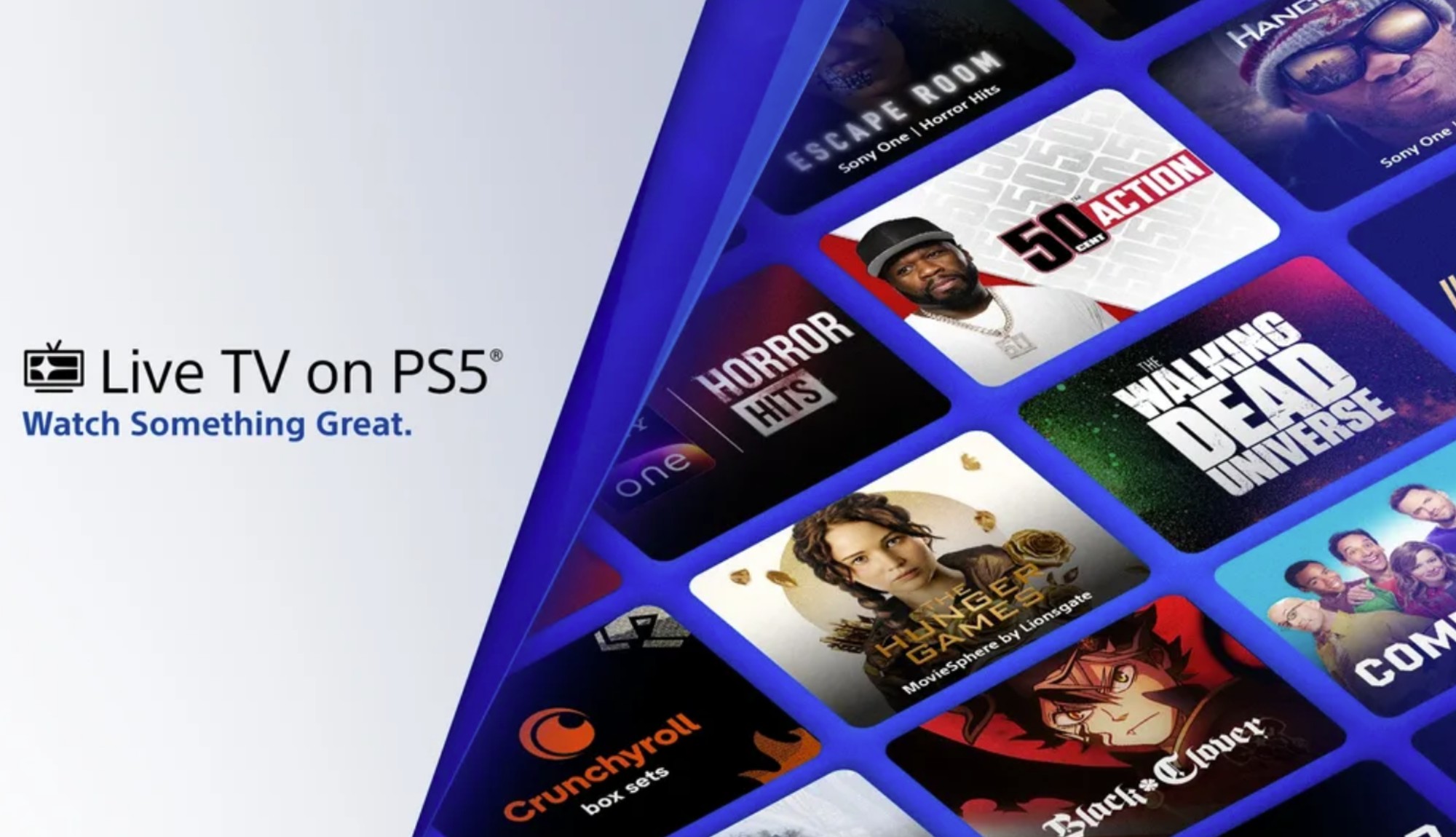 A selection of channels displayed alongside the text: Live TV on PS5 - Watch Something Great.