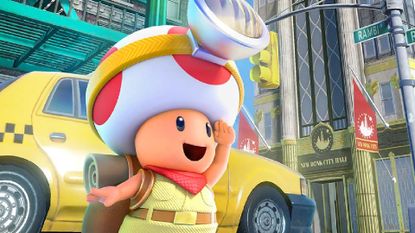 Captain Toad looks around on the streets of New Donk City