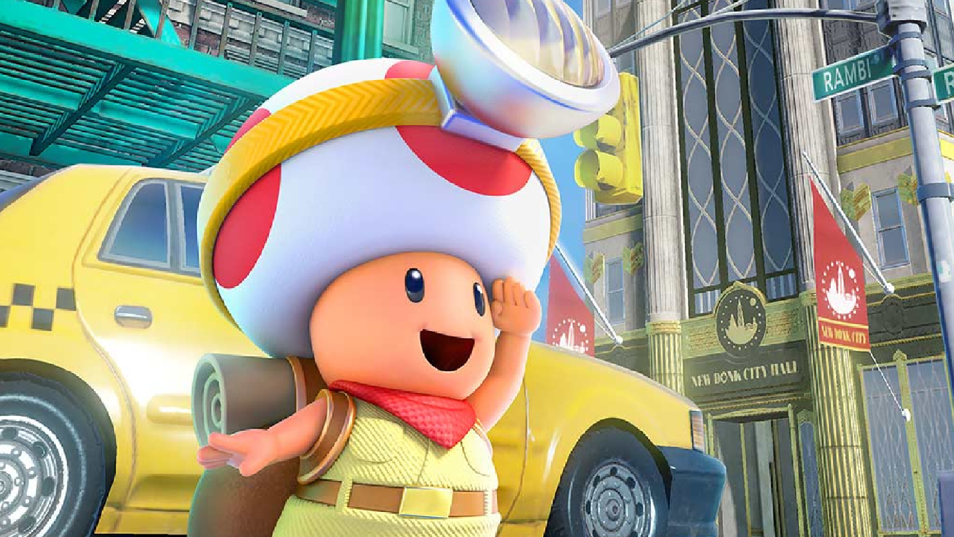 Captain Toad looks around on the streets of New Donk City