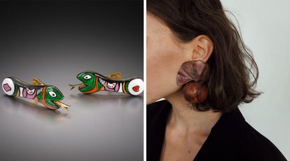 Left, snake earrings and right, large apple earring worn on woman