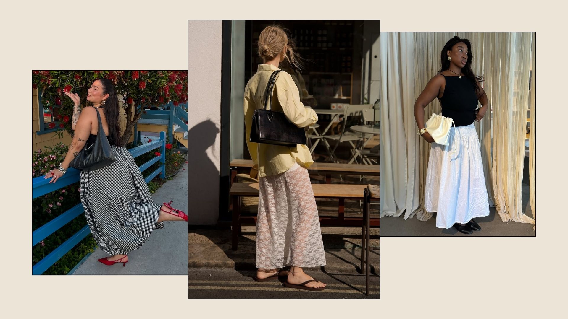 A collage of fashion people wearing summer's most stylish skirts