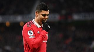 Casemiro reacts after his red card in Manchester United's 2-1 win over Crystal Palace in February 2023.