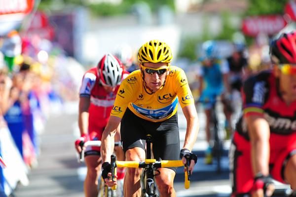 Bradley Wiggins (Sky) crosses the finish line of stage 10.