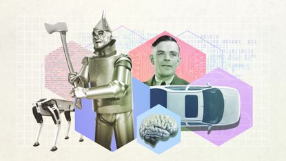 Photo montage of A.I. concepts, including robots, driverless cars and computer scientist Alan Turing
