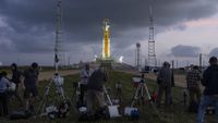 NASA's Artemis II Space Launch System rocket and Orion spacecraft stand on Launch Complex 39B at Kennedy Space Center, Florida on March 31.