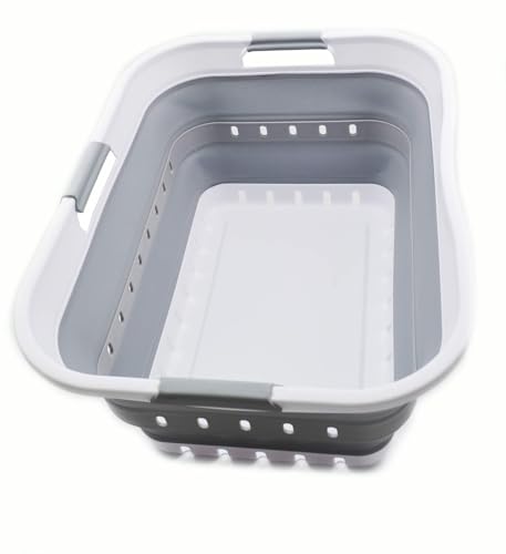 Sammart 42l Collapsible Plastic Laundry Basket - Foldable Pop Up Storage Container/organizer - Portable Washing Tub - Space Saving Hamper/basket (1, White/grey)